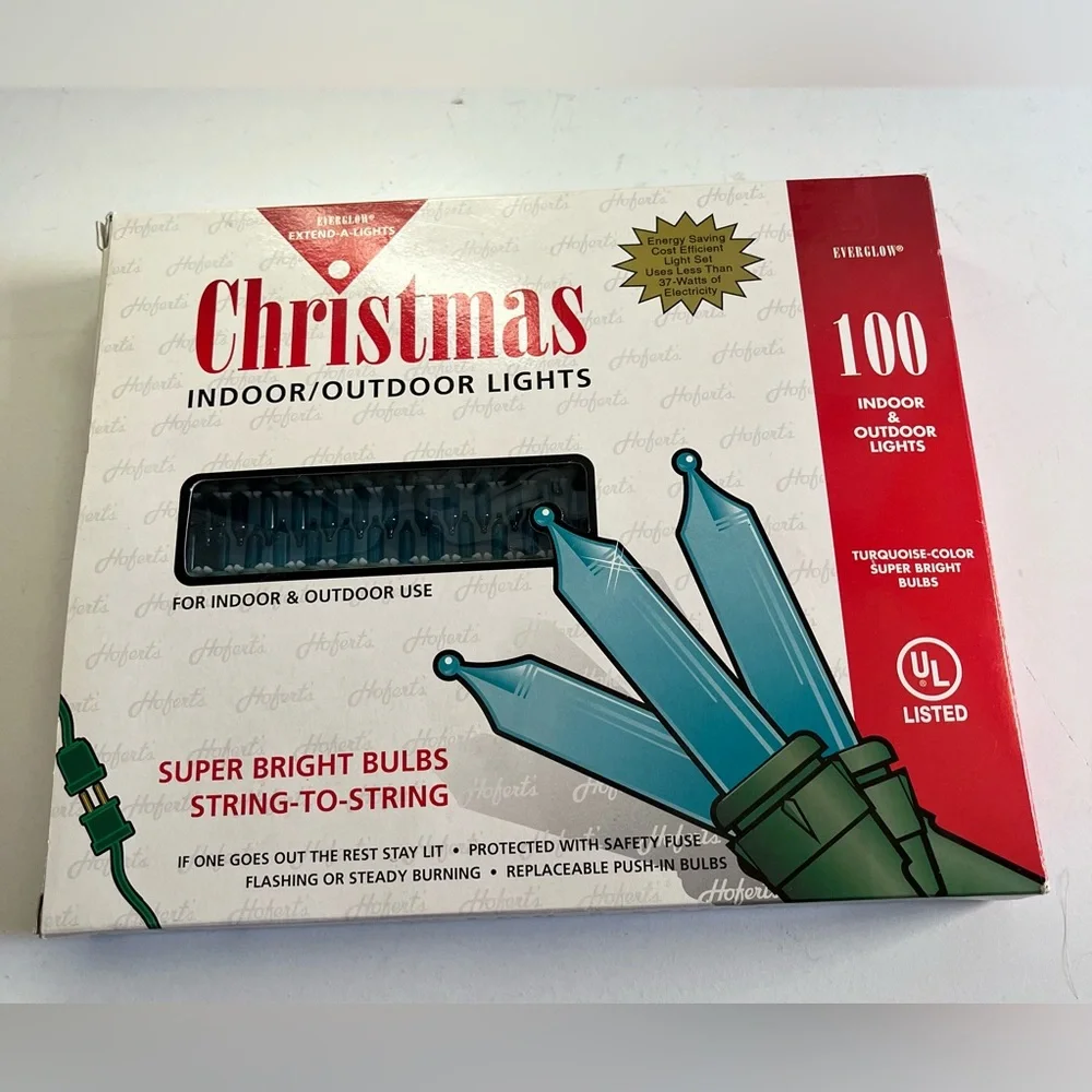 New Vintage box of Everglow Extend-A-Lights Christmas lights Turquoise 100 Party